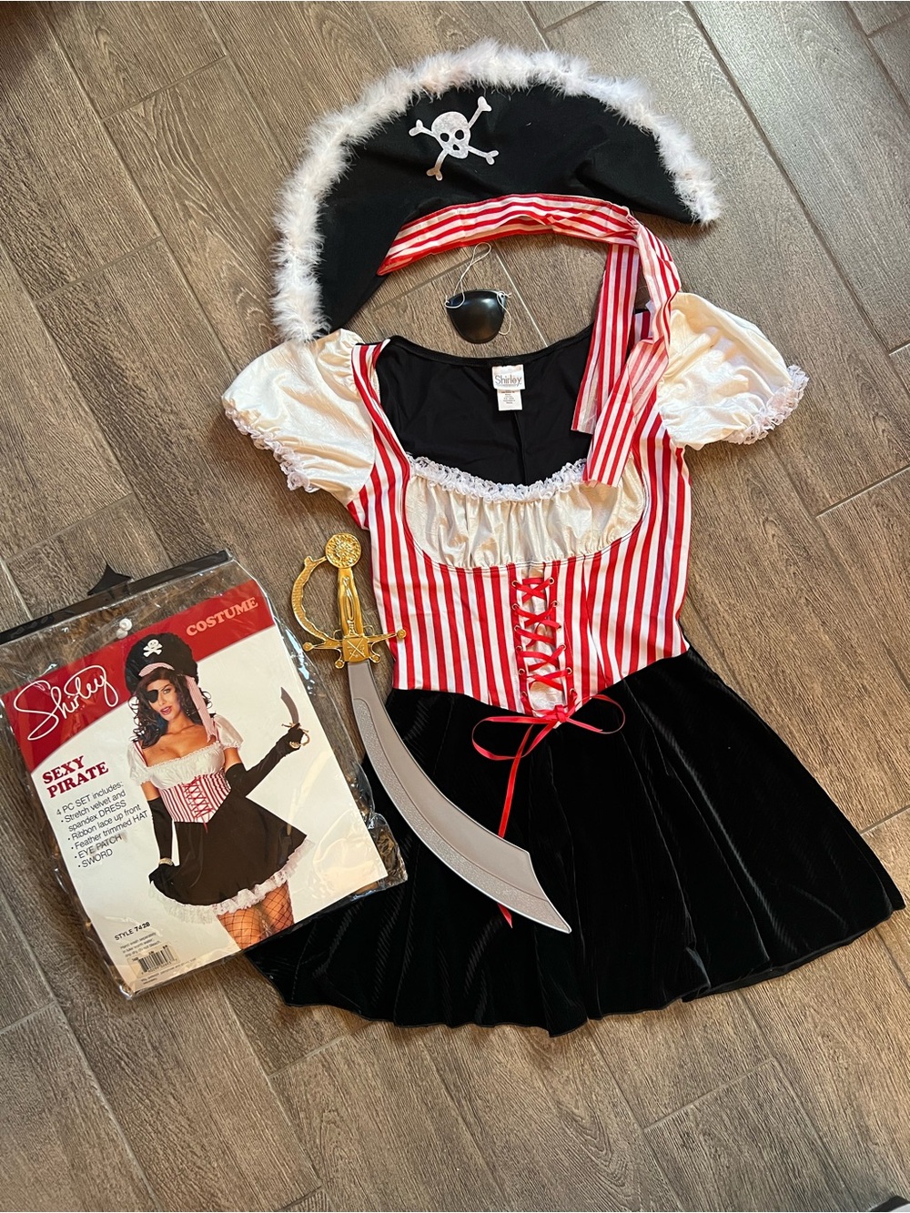 Vintage Shirley of Hollywood Sexy Pirate 4 Piece Halloween Costume Dress Hat O/S